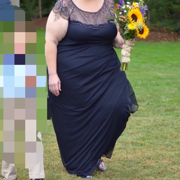 David’s Bridal Cap Sleeve Beaded Navy Blue dress - Picture 3 of 7